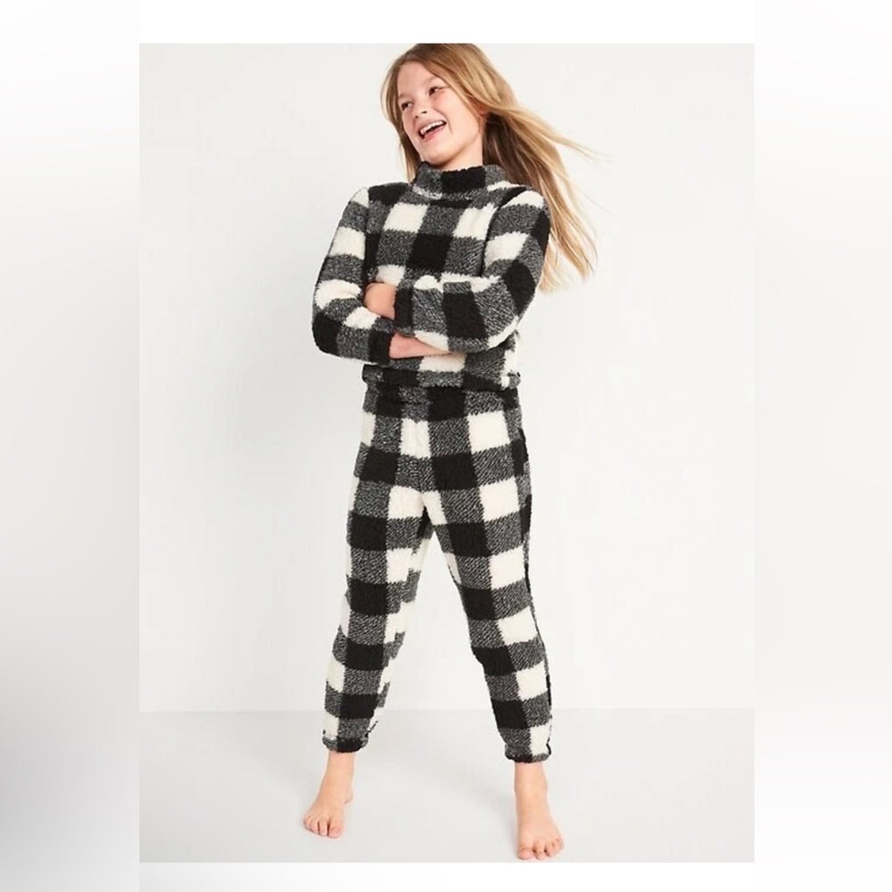 Old Navy Girls M (8) Cozy Sherpa Pajama Set Joggers Black White Plaid